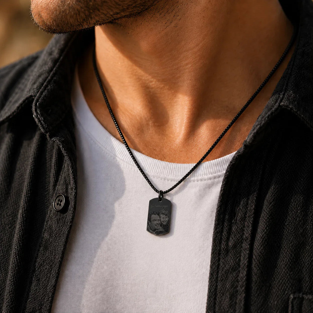 Pendentif cinéraire personnalisé, gravé texte et photo métal noir