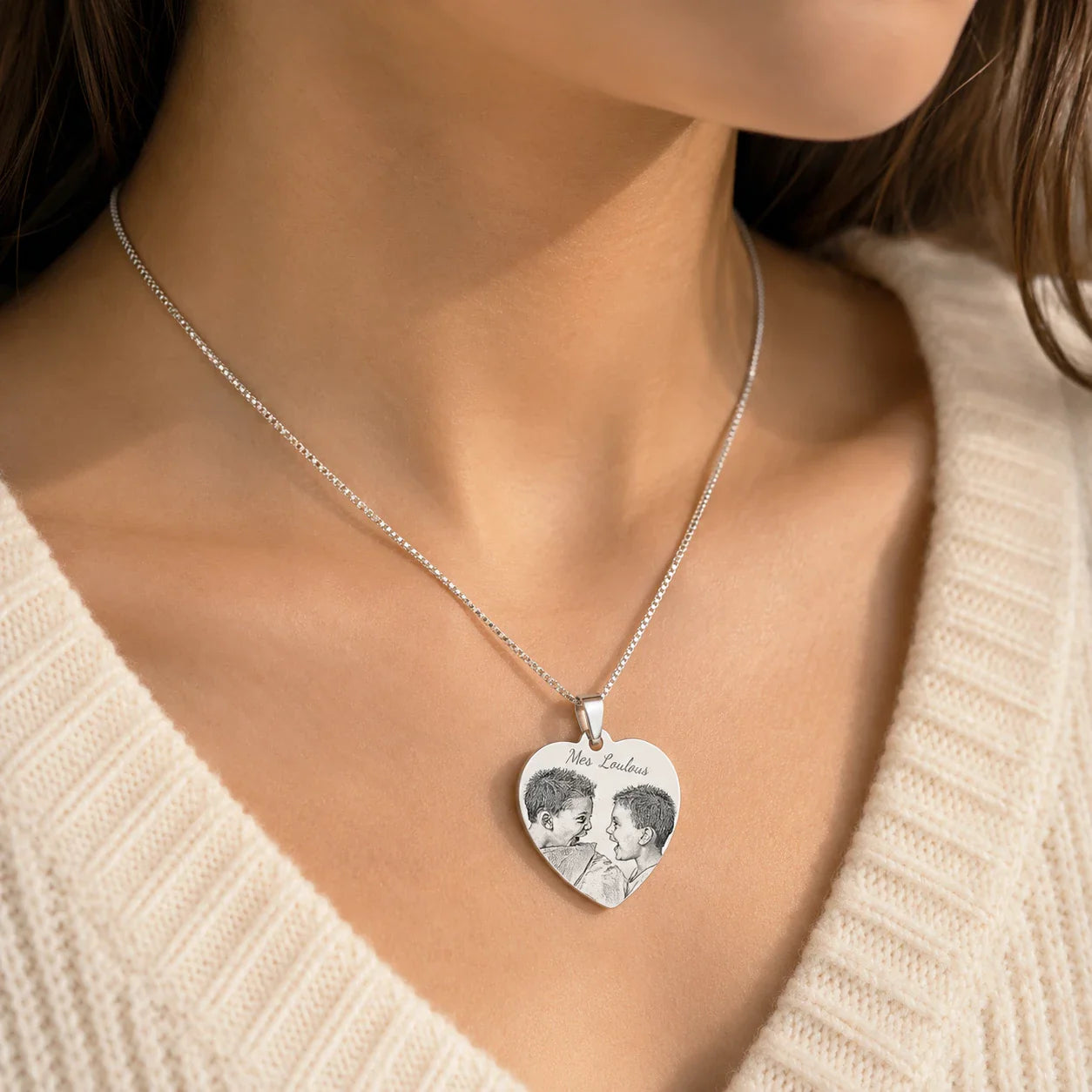 Pendentif cœur personnalisé texte et photo plaqué argent