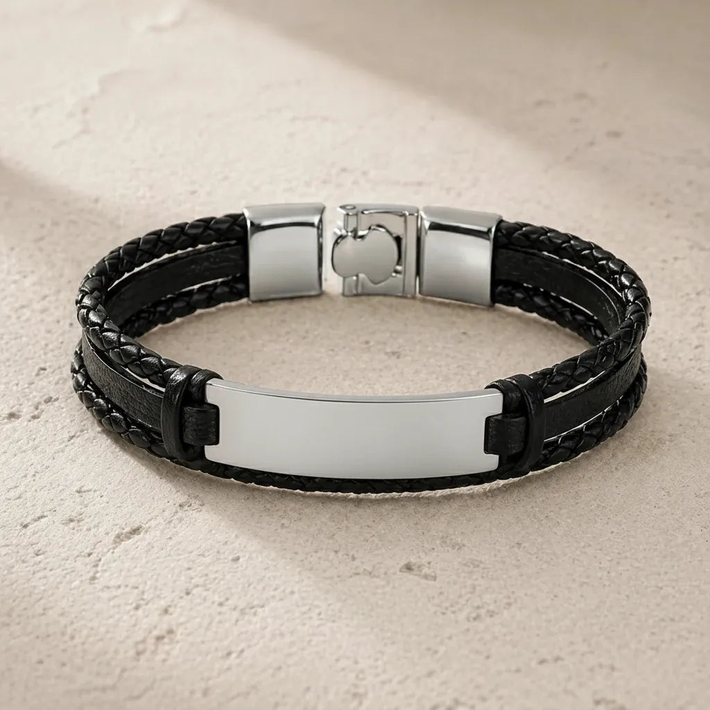 Bracelet homme Cuir tressé Noir et plaque Acier