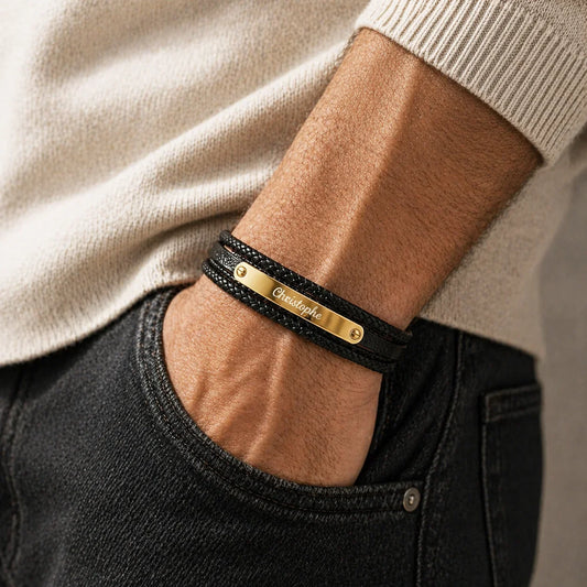 Bracelet Cuir et Plaque Or prestige personnalisable