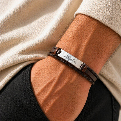 Bracelet homme Cuir tressé Marron et plaque Acier