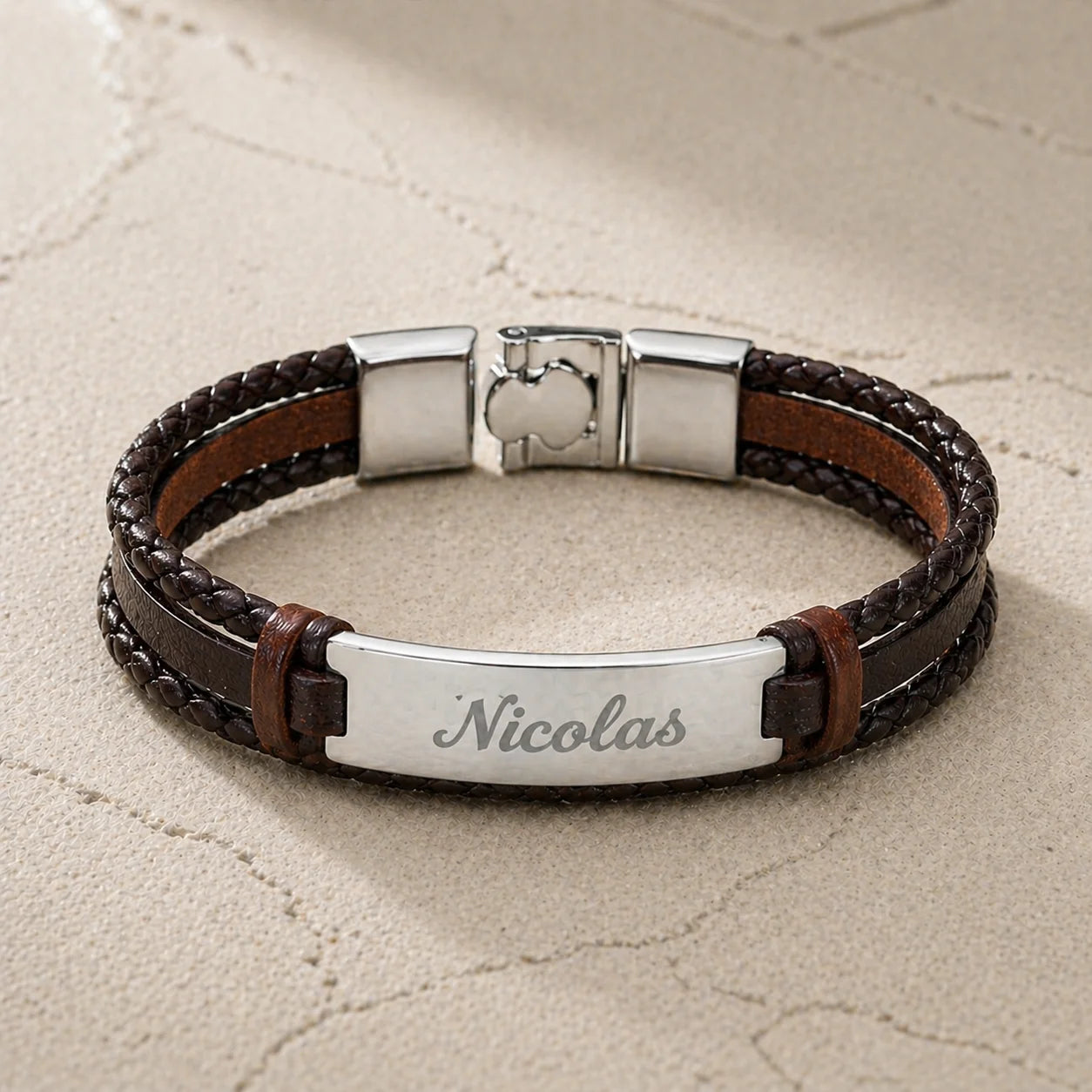 Bracelet homme Cuir tressé Marron et plaque Acier