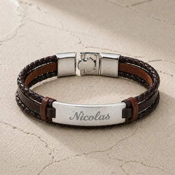 Bracelet homme Cuir tressé Marron et plaque Acier
