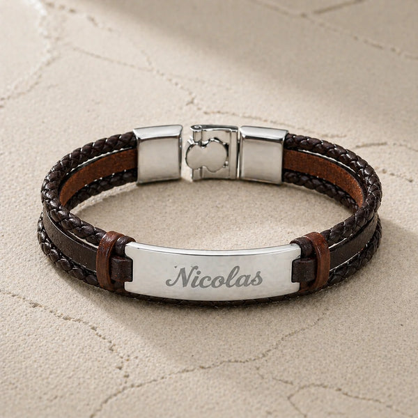 Bracelet homme Cuir tressé Marron et plaque Acier