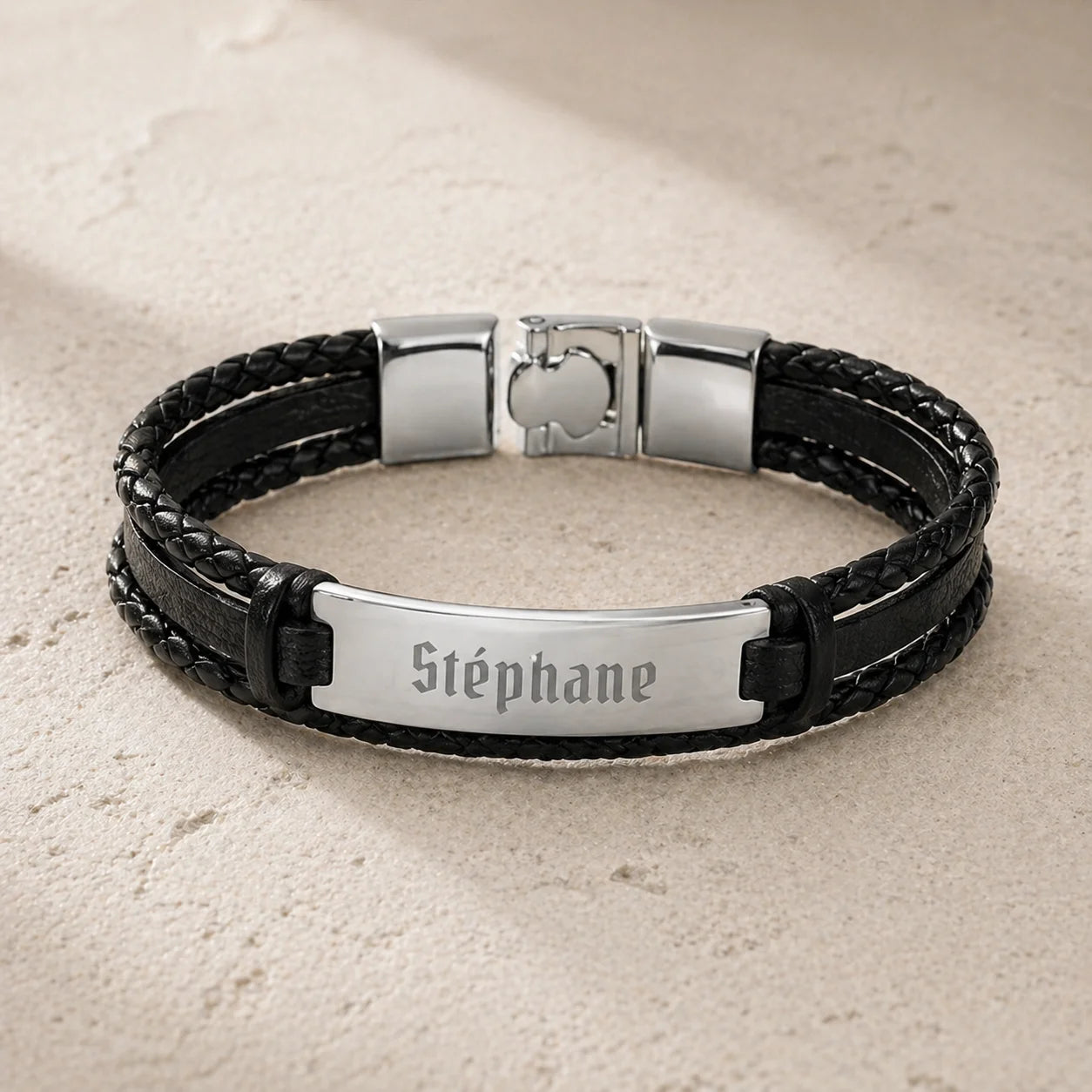 Bracelet homme Cuir tressé Noir et plaque Acier