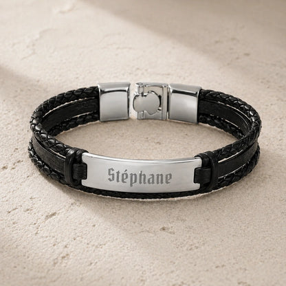 Bracelet homme Cuir tressé Noir et plaque Acier