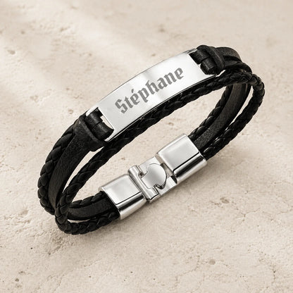 Bracelet homme Cuir tressé Noir et plaque Acier