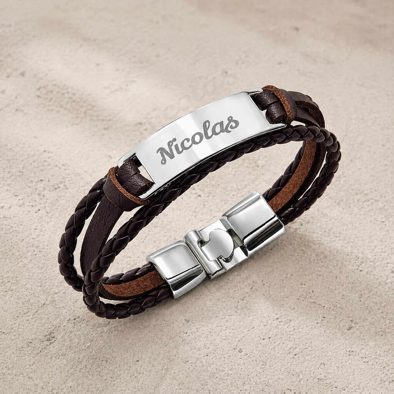 Bracelet homme Cuir tressé Marron et plaque Acier