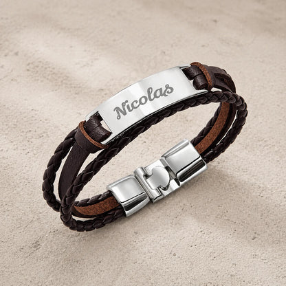 Bracelet homme Cuir tressé Marron et plaque Acier