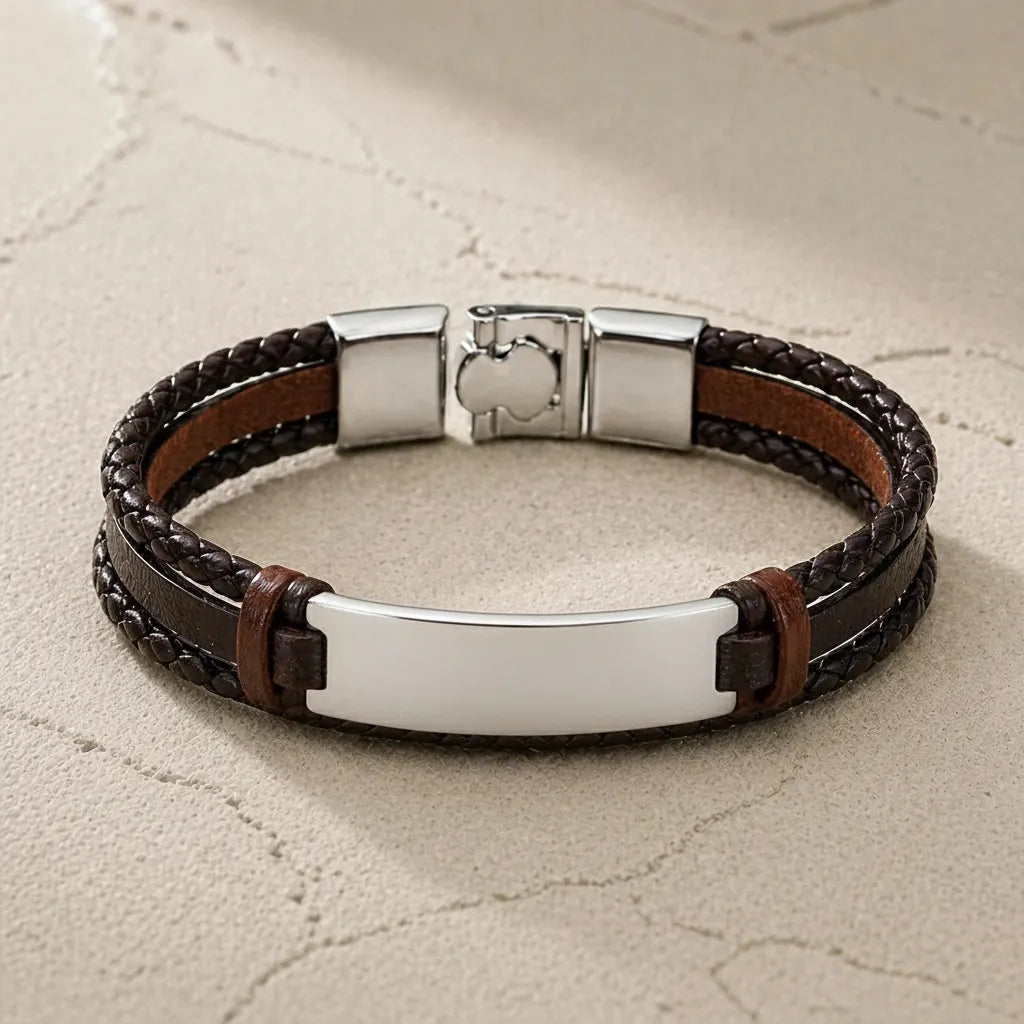 Bracelet homme Cuir tressé Marron et plaque Acier