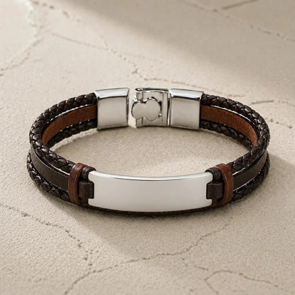 Bracelet homme Cuir tressé Marron et plaque Acier