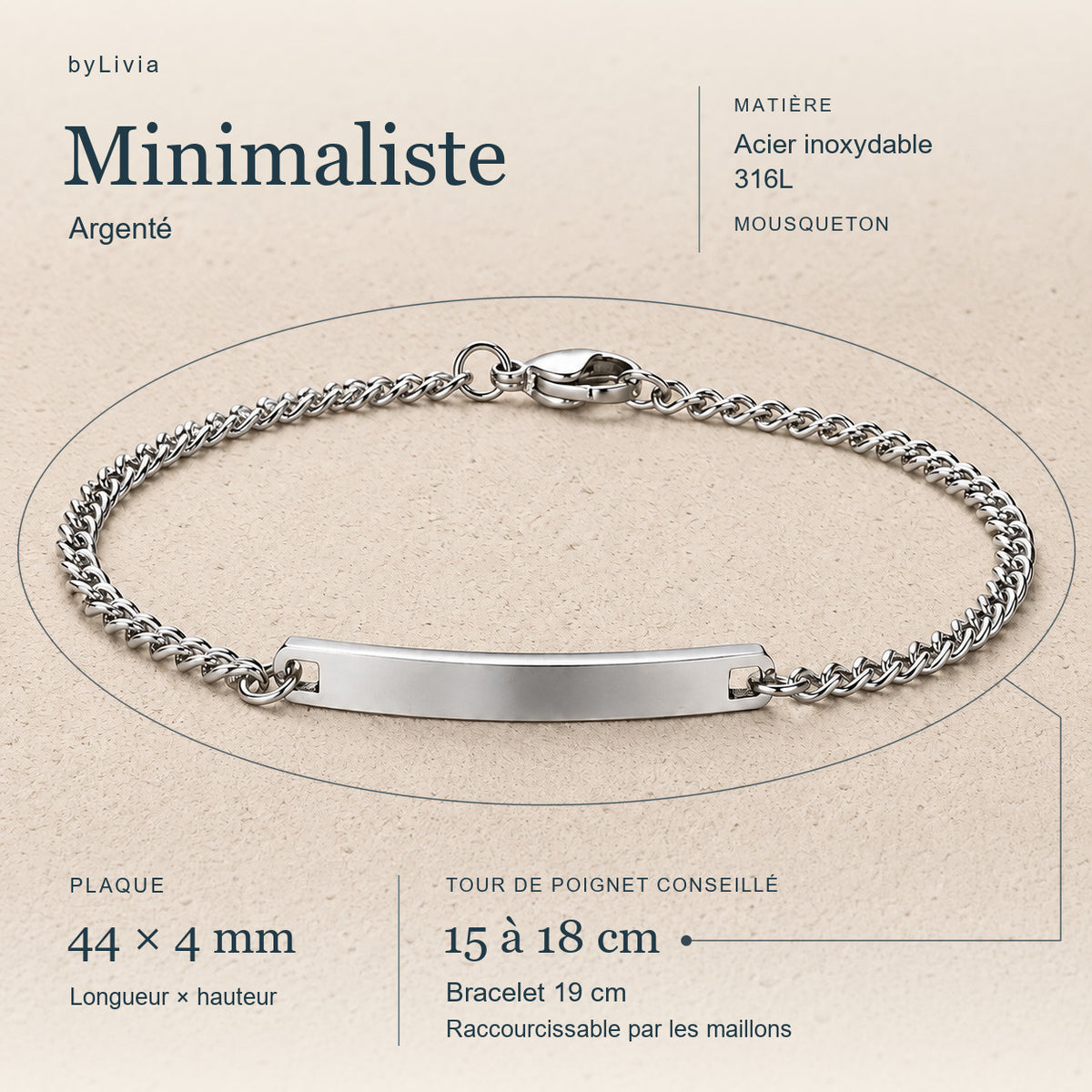Gourmette Minimaliste argentée : plaque 44 × 4 mm, longueur 19 cm, poignet conseillé 15 à 18 cm. Raccourcissable par les maillons.