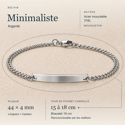 Gourmette Minimaliste argentée : plaque 44 × 4 mm, longueur 19 cm, poignet conseillé 15 à 18 cm. Raccourcissable par les maillons.