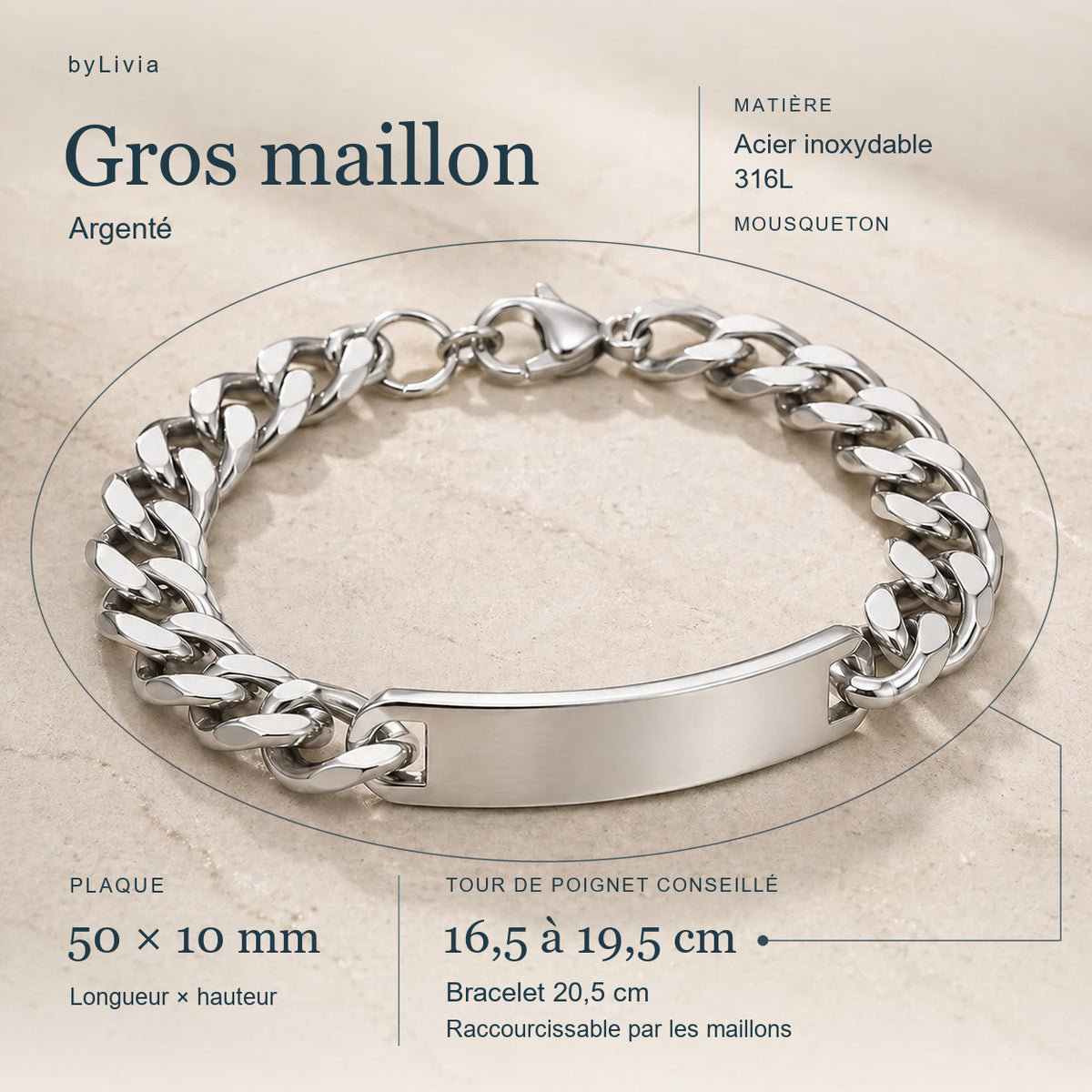 Gourmette Gros maillon argentée : plaque 50 × 10 mm, longueur 20,5 cm, poignet conseillé 16,5 à 19,5 cm. Raccourcissable par les maillons.
