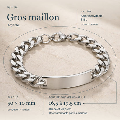 Gourmette Gros maillon argentée : plaque 50 × 10 mm, longueur 20,5 cm, poignet conseillé 16,5 à 19,5 cm. Raccourcissable par les maillons.