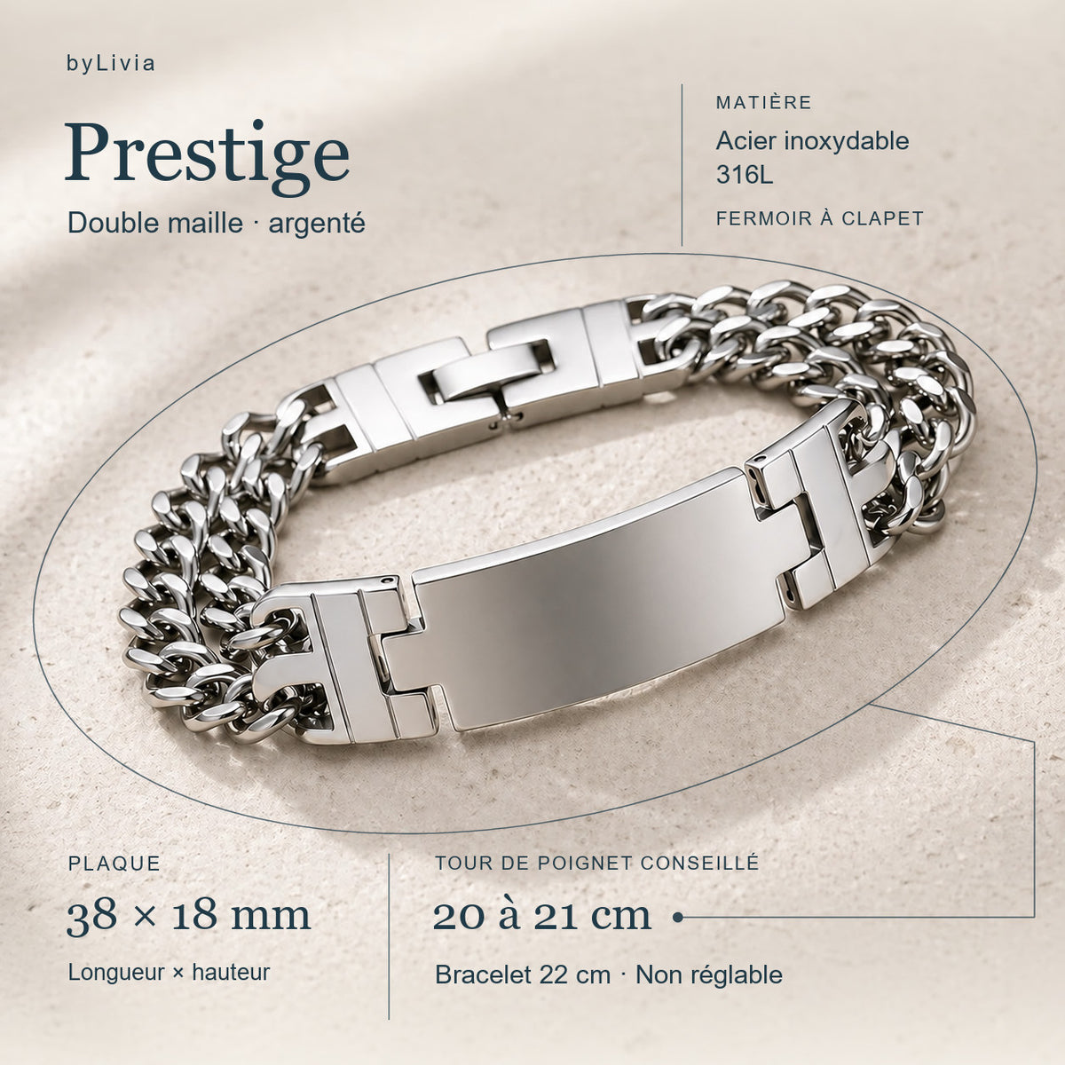 Gourmette Prestige double maille argentée : plaque 38 × 18 mm, longueur 22 cm, poignet conseillé 20 à 21 cm.