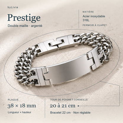 Gourmette Prestige double maille argentée : plaque 38 × 18 mm, longueur 22 cm, poignet conseillé 20 à 21 cm.