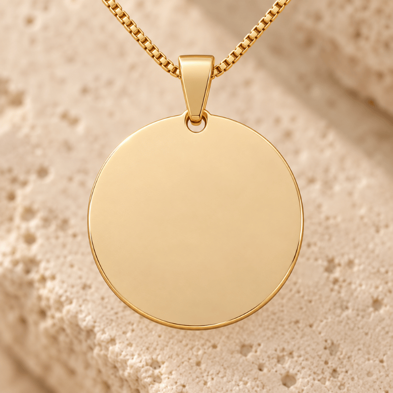 Pendentif rond plaqué or, vierge, prêt à graver votre photo