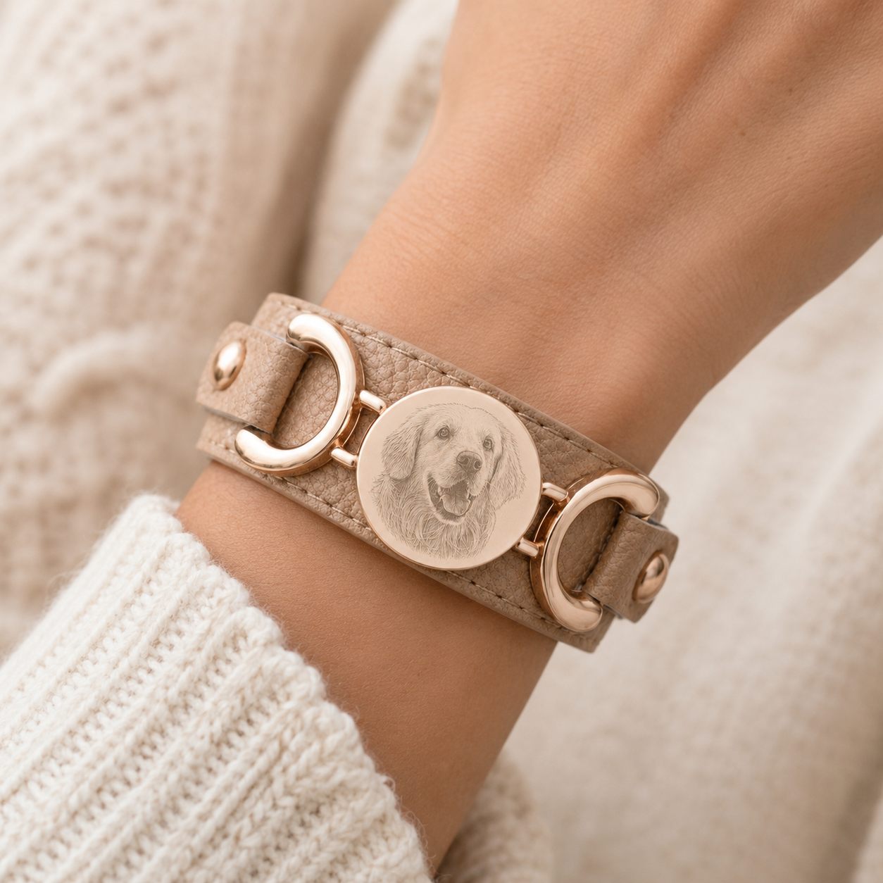 Manchette cuir personnalisée beige portée