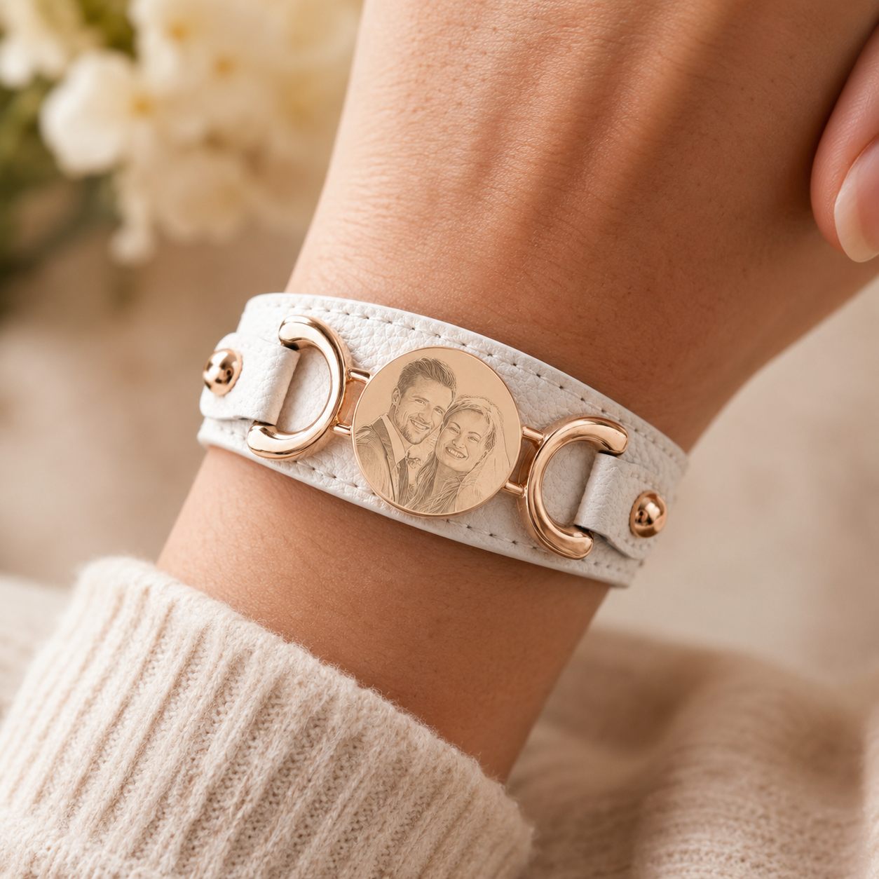 Manchette cuir personnalisée blanche portée
