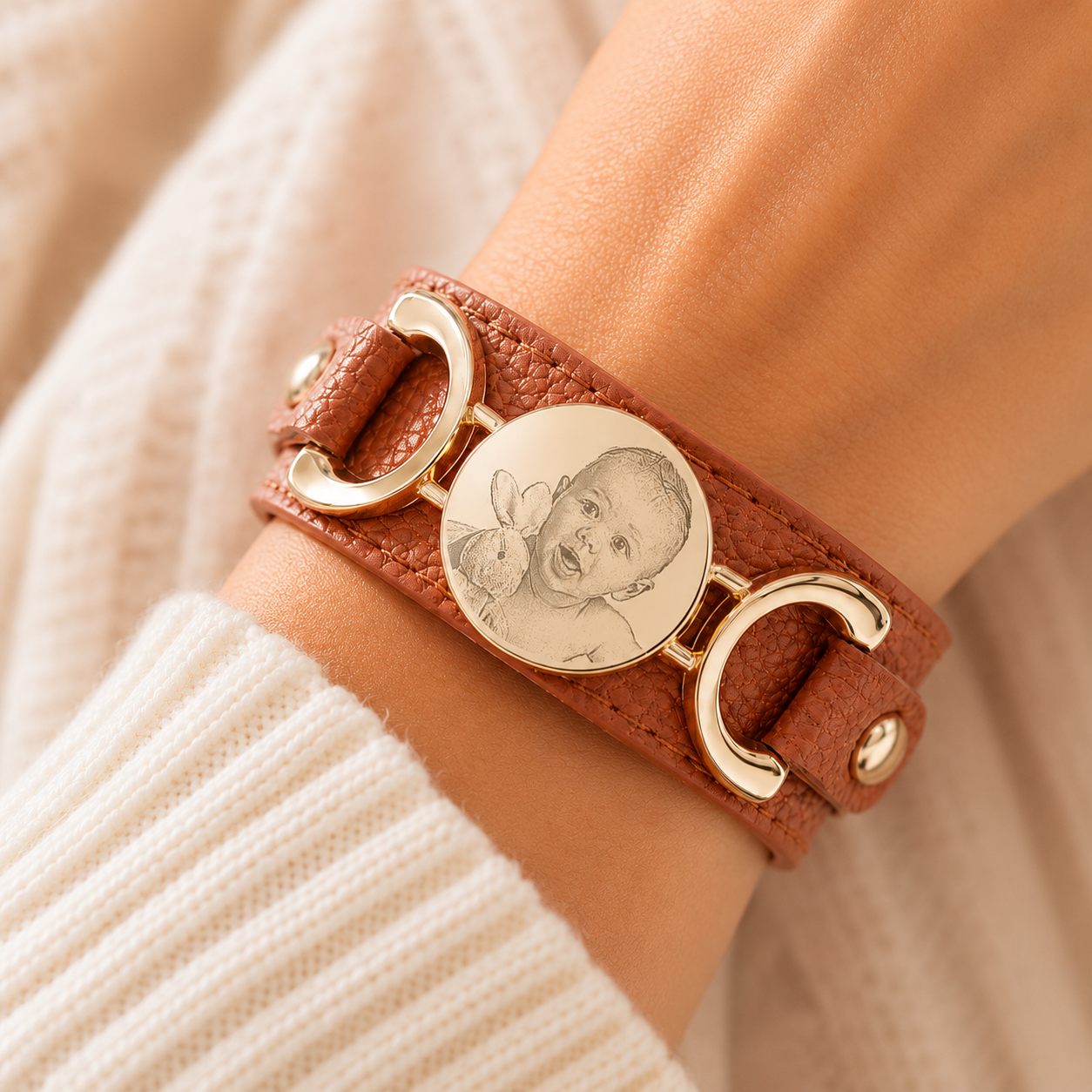 Manchette cuir personnalisée marron portée