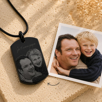 Pendentif cinéraire personnalisé, gravé texte et photo métal noir