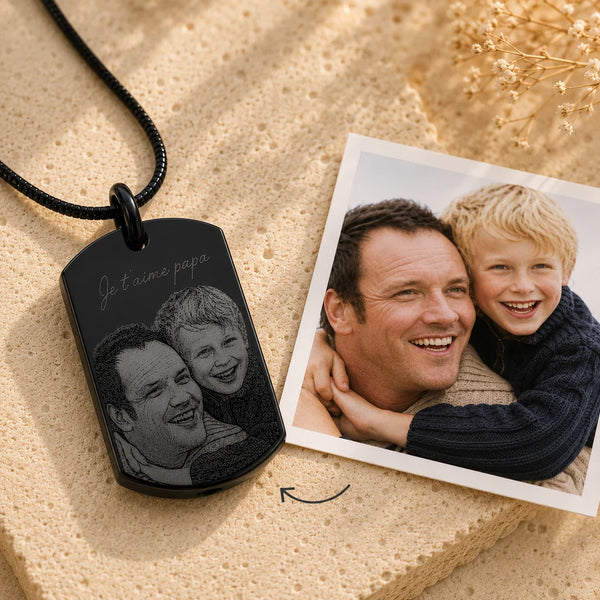 Pendentif cinéraire personnalisé, gravé texte et photo métal noir