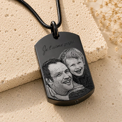Pendentif cinéraire personnalisé, gravé texte et photo métal noir
