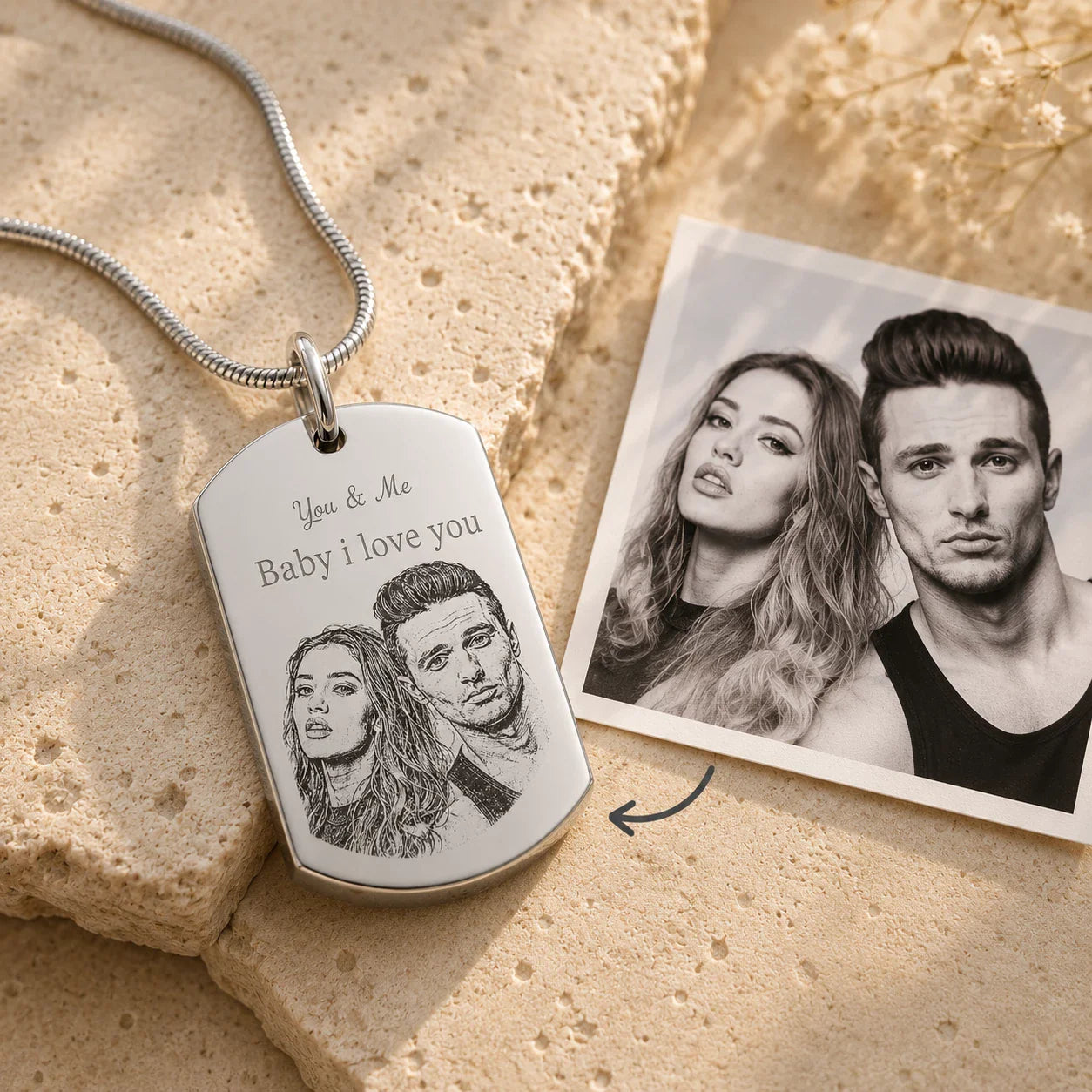 Pendentif cinéraire personnalisé, gravé texte et photo plaqué argent