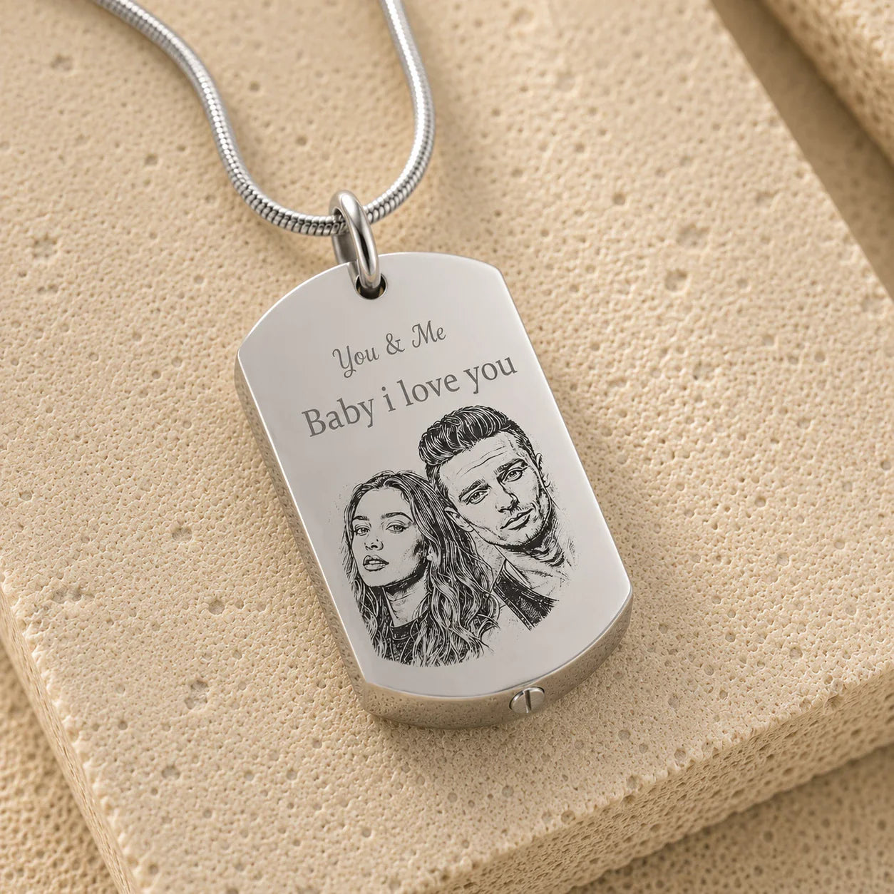 Pendentif cinéraire personnalisé, gravé texte et photo plaqué argent