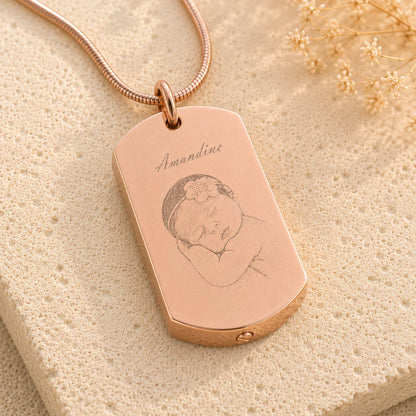 Pendentif cinéraire personnalisé, gravé texte et photo plaqué or rose