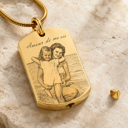 Pendentif cinéraire personnalisé, gravé texte et photo plaqué or