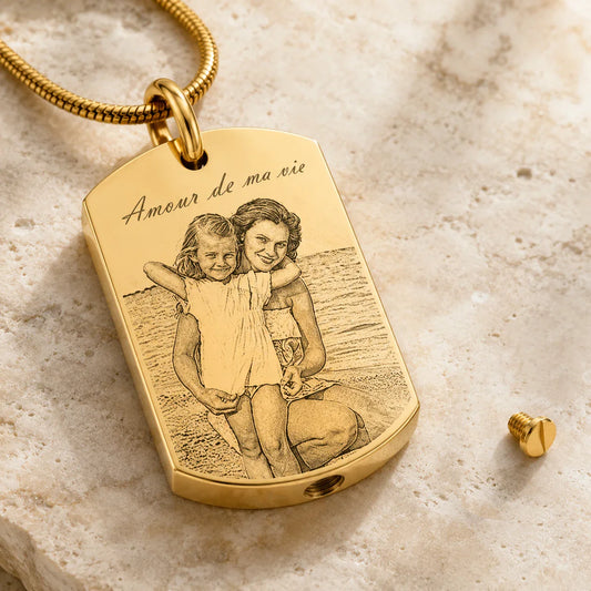 Pendentif cinéraire personnalisé, gravé texte et photo plaqué or