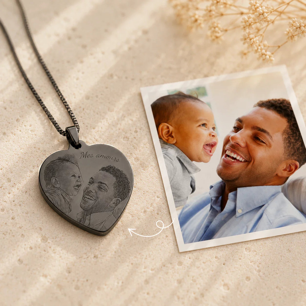 Pendentif coeur personnalisé texte et photo métal noir