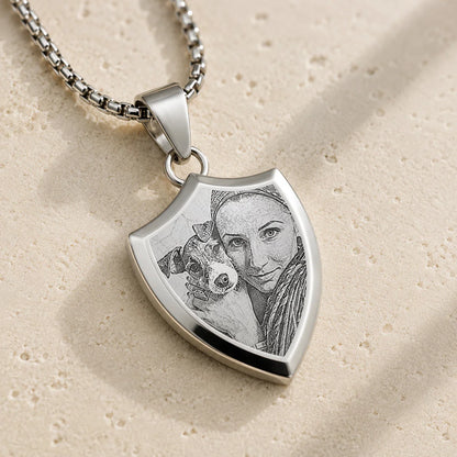 Pendentif écusson gravé, personnalisé texte et photo plaqué argent
