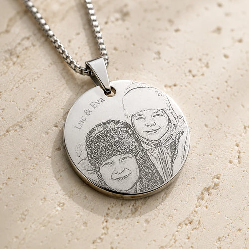 Pendentif personnalisé, gravé texte et photo plaqué argent