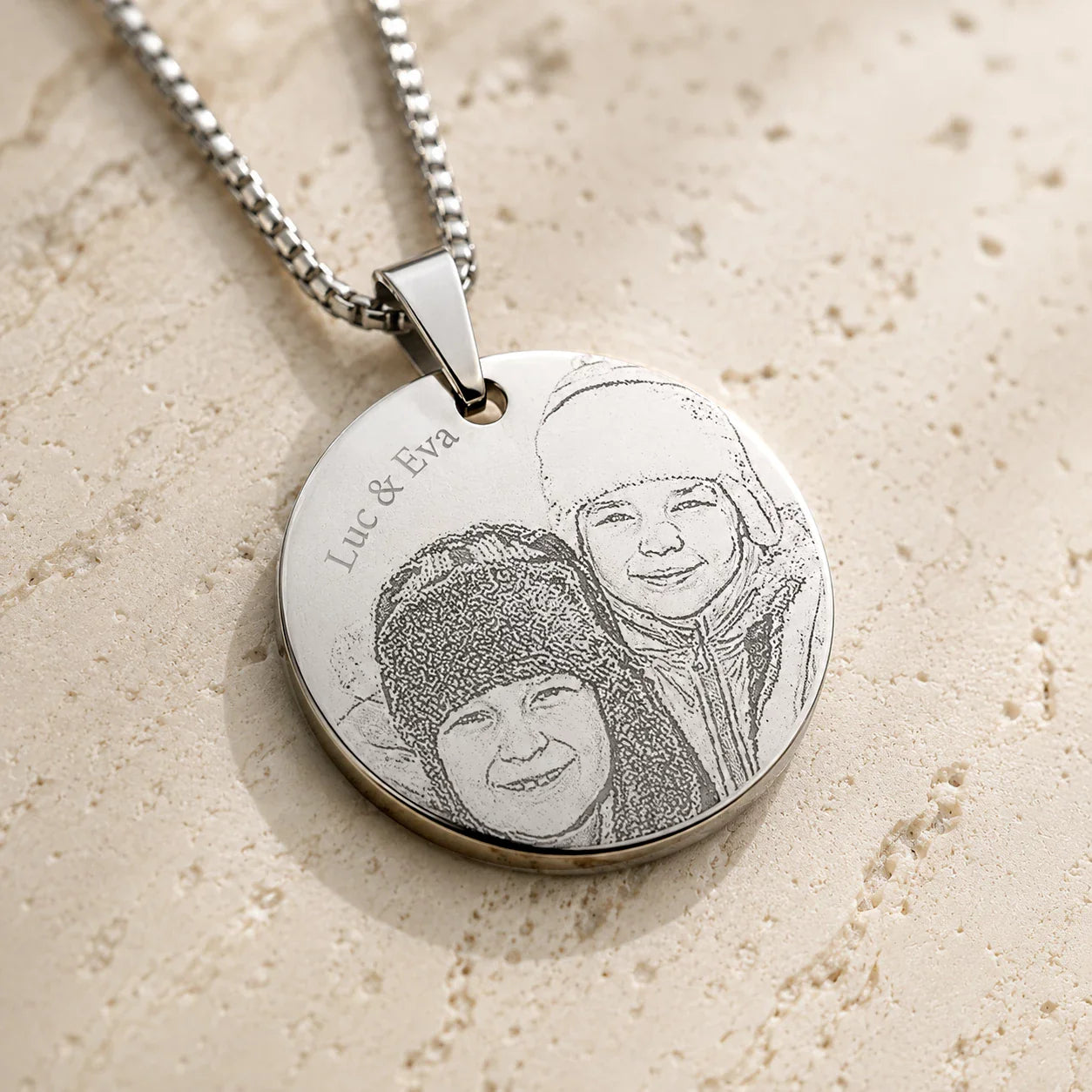 Pendentif personnalisé, gravé texte et photo plaqué argent