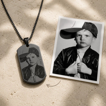 Pendentif plaque militaire gravé, personnalisé texte et photo métal noir