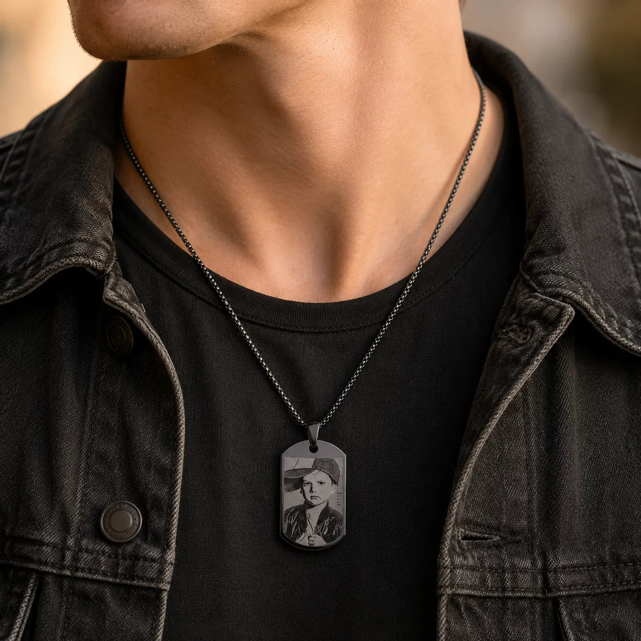 Pendentif plaque militaire gravé, personnalisé texte et photo métal noir