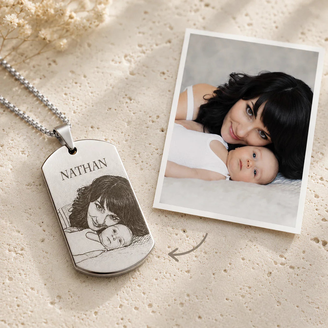 Pendentif plaque militaire personnalisé, gravé texte et photo plaqué argent