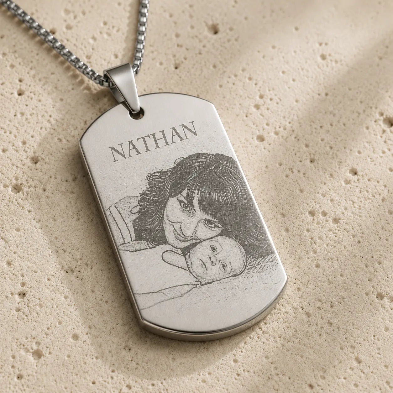Pendentif plaque militaire personnalisé, gravé texte et photo plaqué argent