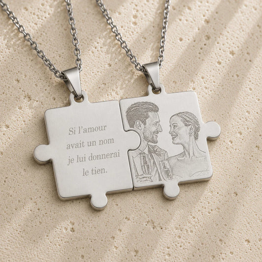 Pendentifs puzzle personnalisés photo et texte plaqué argent